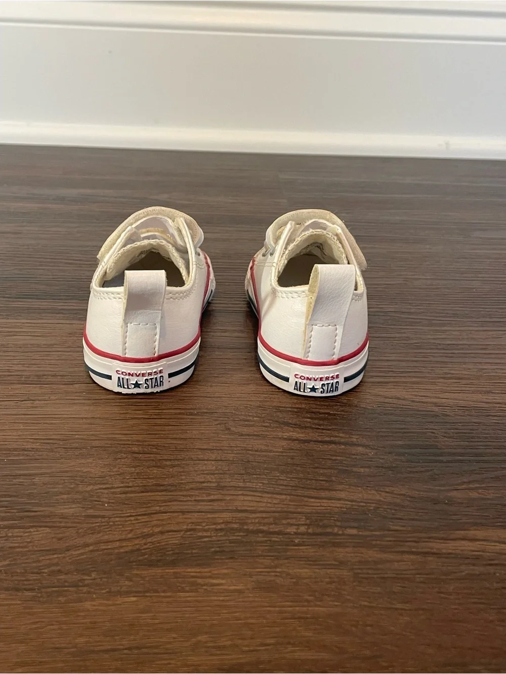 Converse Toddler Size 4 White Leather Velcro Sneakers with Red Accent